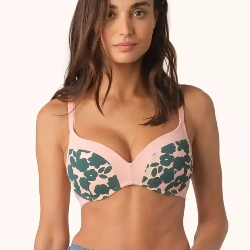 Lively No Wire Push Up Pink Green Retro Blooms Bra Women’s 36B
